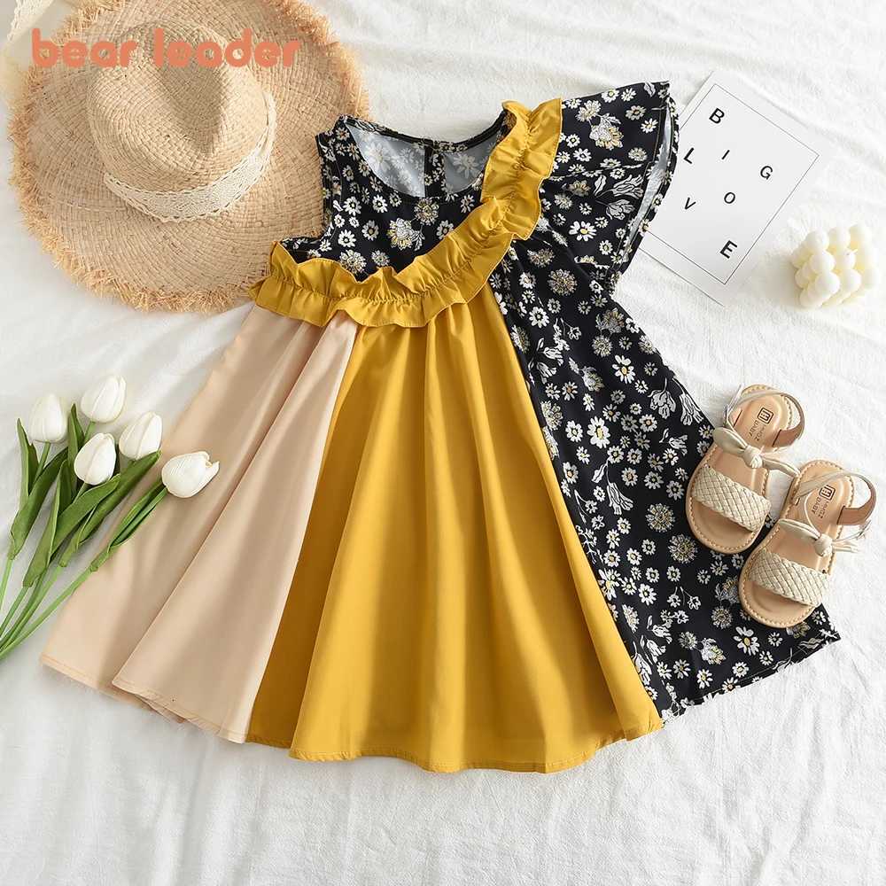 Bear Leader Korean Childrens Summer Girls Fashion Color Blocking Dresses Childrens Wooden Ear Edge Floral Dress Girls ClothingT260319-image-1098406861