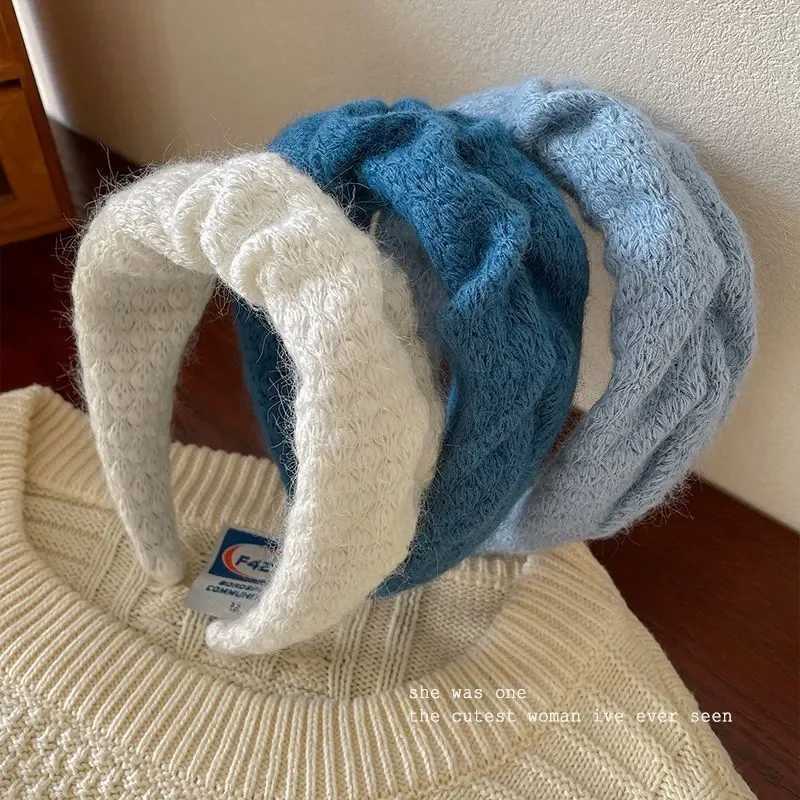 Bandeau élégant en laine blanche pliée et douce pour femmes, large bord, front haut, pince à cheveux douce, série de couleurs bleu lait H260321