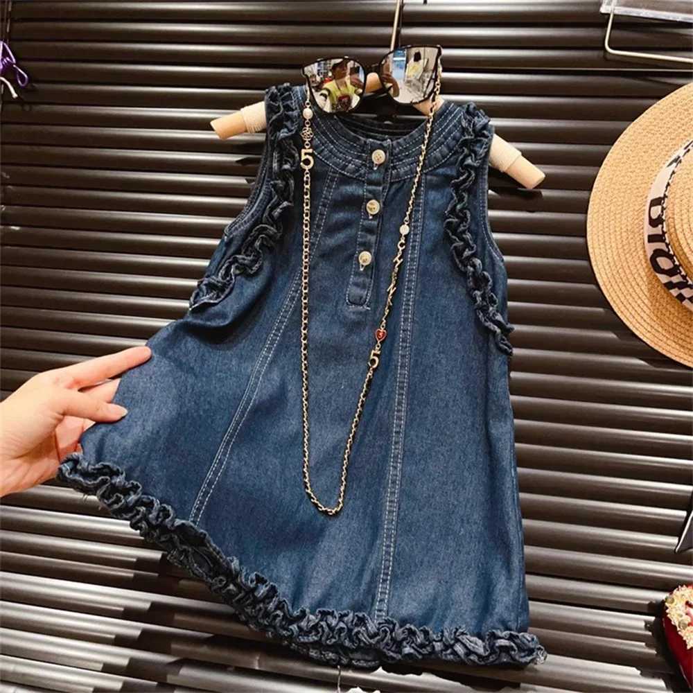 Korean Version Fashionable Casual Girls Clothes for Children Aged 2-7 Pleated Single Breasted Sleeveless Denim Dress for SummerT260319-image-1098406802