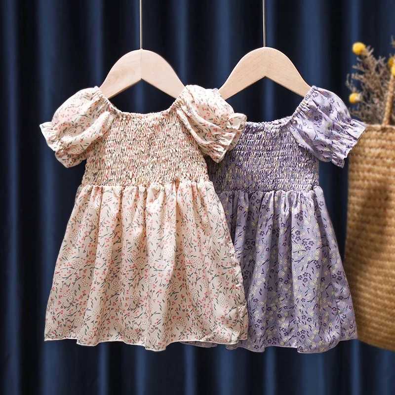 2025 Summer Floral Princess Dress Girls 2-6Y Bubble Sleeve Short-Sleeve Party Dress with Bow Accents Breathable Soft FabricT260319-image-1098408285