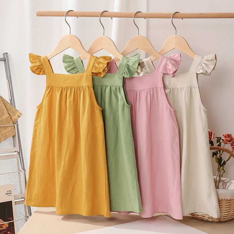 Girls Cotton And Linen Strap Dress Summer New Style Childrens Sleeveless Button Casual Loose Baby Princess DressesT260319-image-1098408154