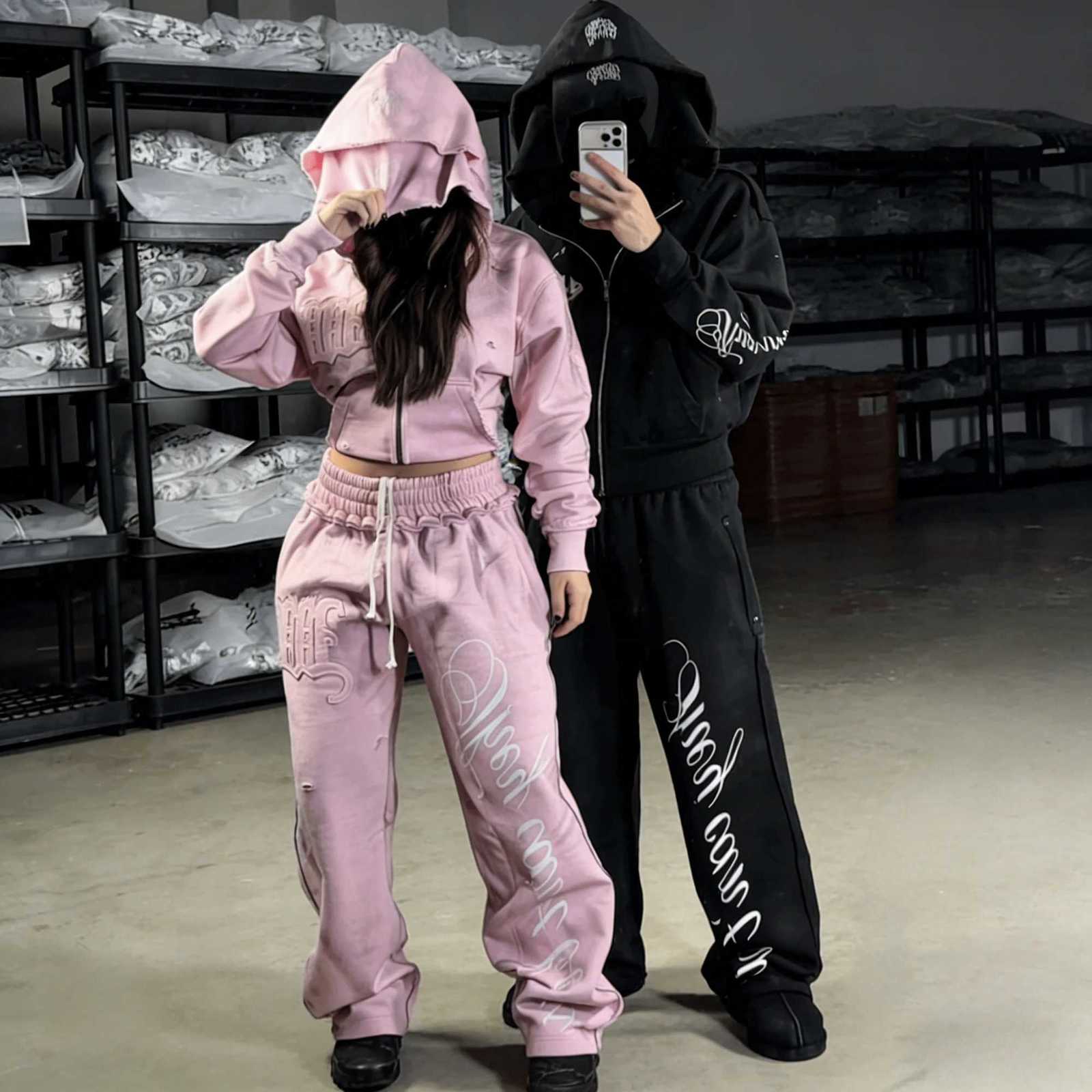 Streetwear Y2k Double Layer Hoodie American Embroidery Patch Pink Zipper Running Pants Casual Sports Two Piece Set X260321