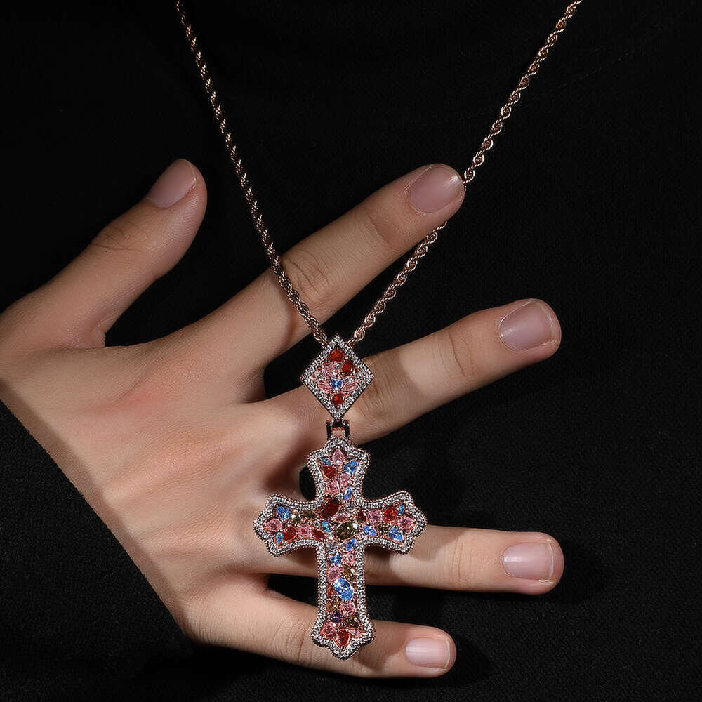 Hot-Selling Hip-Hop Ice with VVS moissanite Punk Colorful Moissanite Rhombus Buckle Cross Pendant Unisex Versatile Trendy Cool Jewelry Wholesale