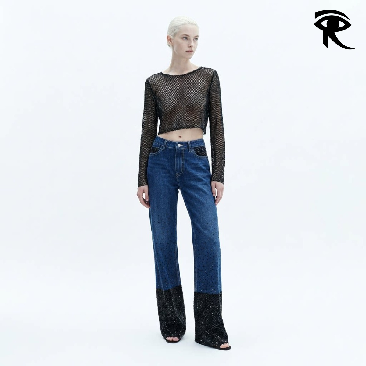 2026 Spring Summer Women Rhinestone Embellished Slimming Straight Leg Jeans European American Niche Style Drapey Sequin Cuff Denim Pants Original