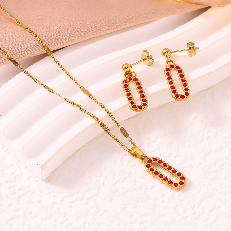 Luxurious sophisticated niche design diamond-studded jewelry set for women, stainless steel plated with 18K gold, oval necklace and earrings-image-1098507905