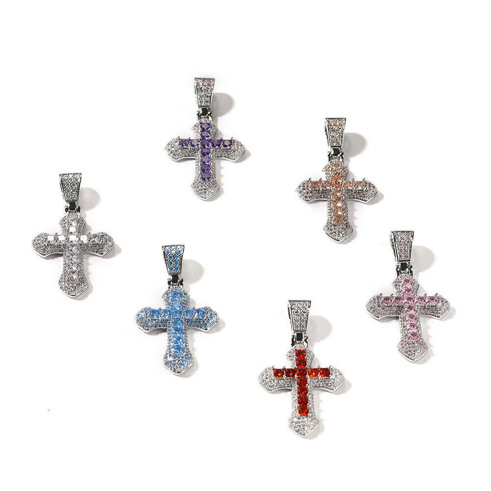 Hip-Hop Ice with VVS moissanite New Blue Moissanite Cross Men's Necklace Fashion Versatile Heavy Craft Punk Sweater Chain Cross-Border Jewelry