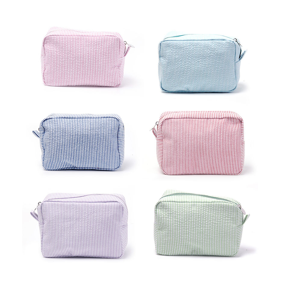 BV29 Support de kit de beauté en tissu seersucker rayé simple mais spacieux, idéal pour les cosmétiques en déplacement