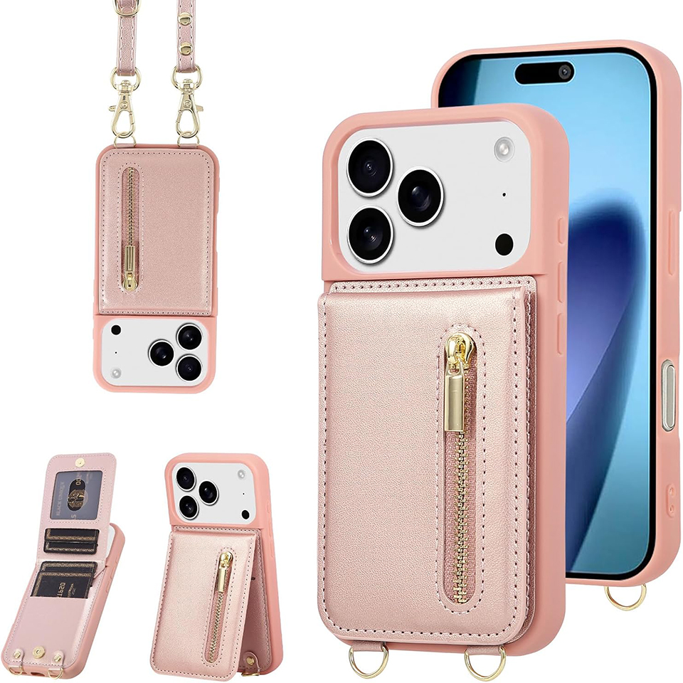 Crossbody Wallet Case for iPhone 17 ProMax with Lanyard Strap Card Slot Holder RFID Blocking Kickstand Magnetic Flip Folio Zipper Purse Case PU L-image-1098535827