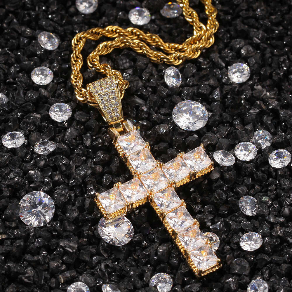 Ice with VVS moissanite Hot Selling Hip-Hop Square Moissanite Cross Necklace European and American Punk Personality Unisex Couple Pendant Accessorie