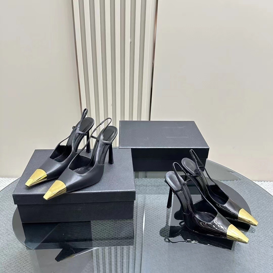 2026fashion new gold toe letter high heels designer couple shoes women s early spring new iron toe backless sandals square toe high heels