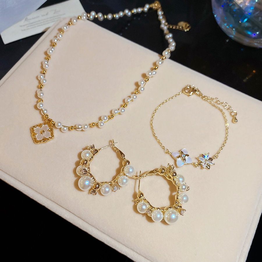 French-style zircon flower pearl earrings, bracelet, necklace, exquisite and elegant niche jewelry set, light luxury accessories-image-1099988765