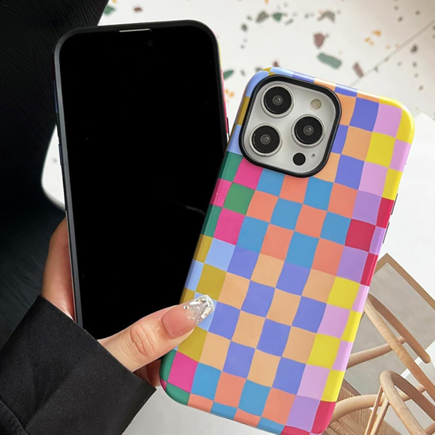 Double Protection Phone Case For Iphone 17 16 15 14 13 Pro 12 11 Max Plus 16Pro Colorful Plaid 17Promax Phone Case 16Promax Creative 17Pro Cover