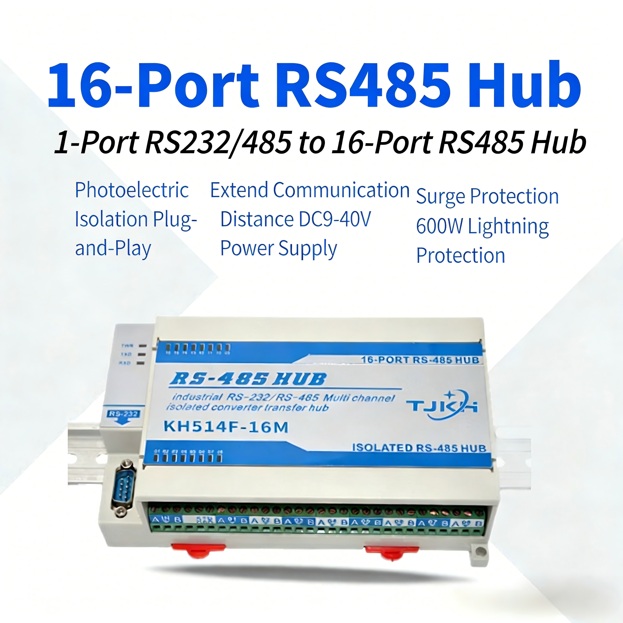 Industrial 16-CH RS485 Hub 1-in 16-out Opto-isolation Lightning Surge Protection Anti-interference DC9-40V CE/FCC/ROHS/EAC-image-1098772706