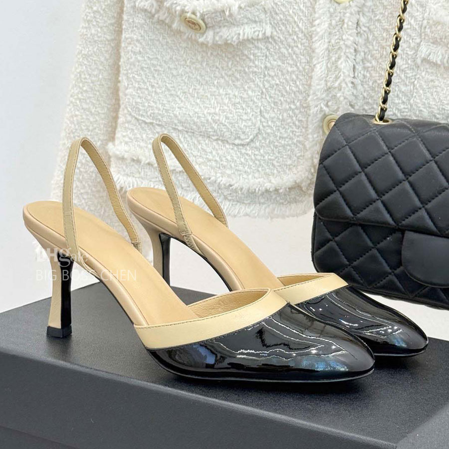 top quality new Fashion Patent leather Splicing Round-toe Slingbacks Sandals pumps Stiletto heels Dress Shoes womens Luxury designer heels Office ev