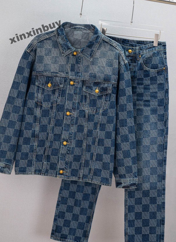 xinxinbuy Designer coats Jacket Men Women 1854 wash checkerboard denim letter printing sets suit Man Paris black red blue Purple white S-2XL