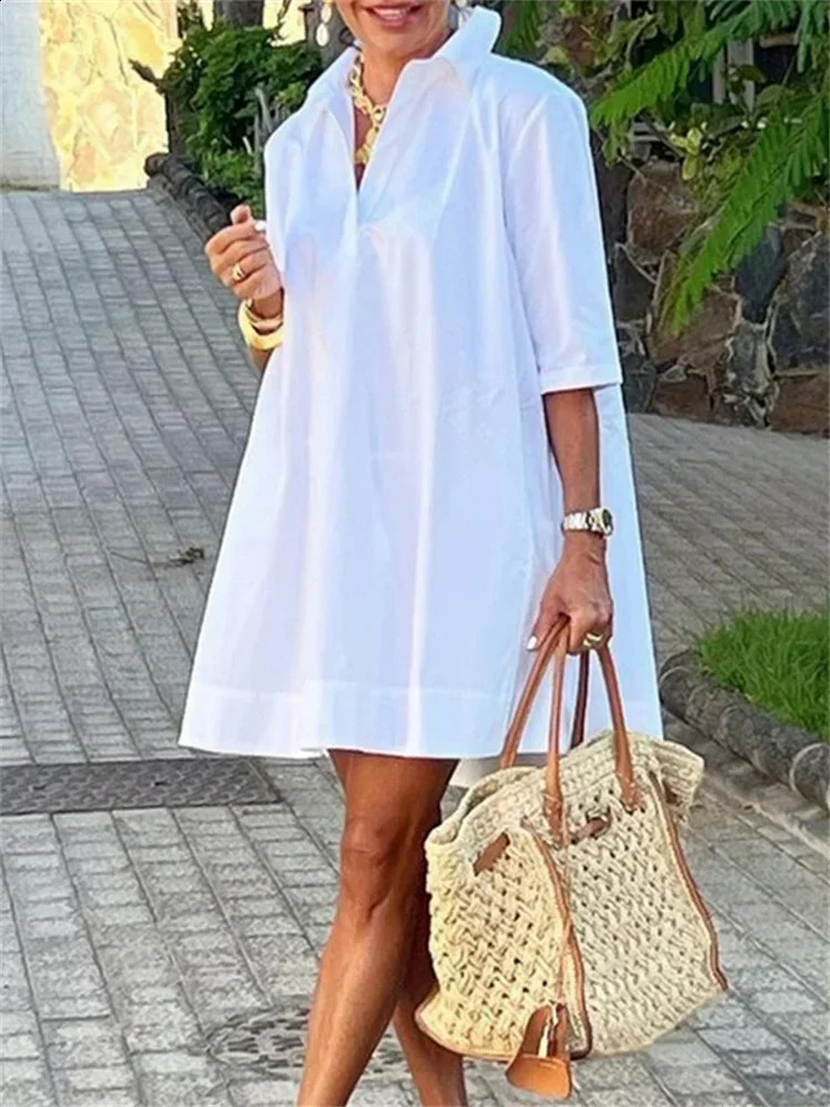 Fashion Womens White Shirt Dress Summer Half Sleeves Loose Solid Color Lapel Casual Deep Vneck Mini Dresses 260324