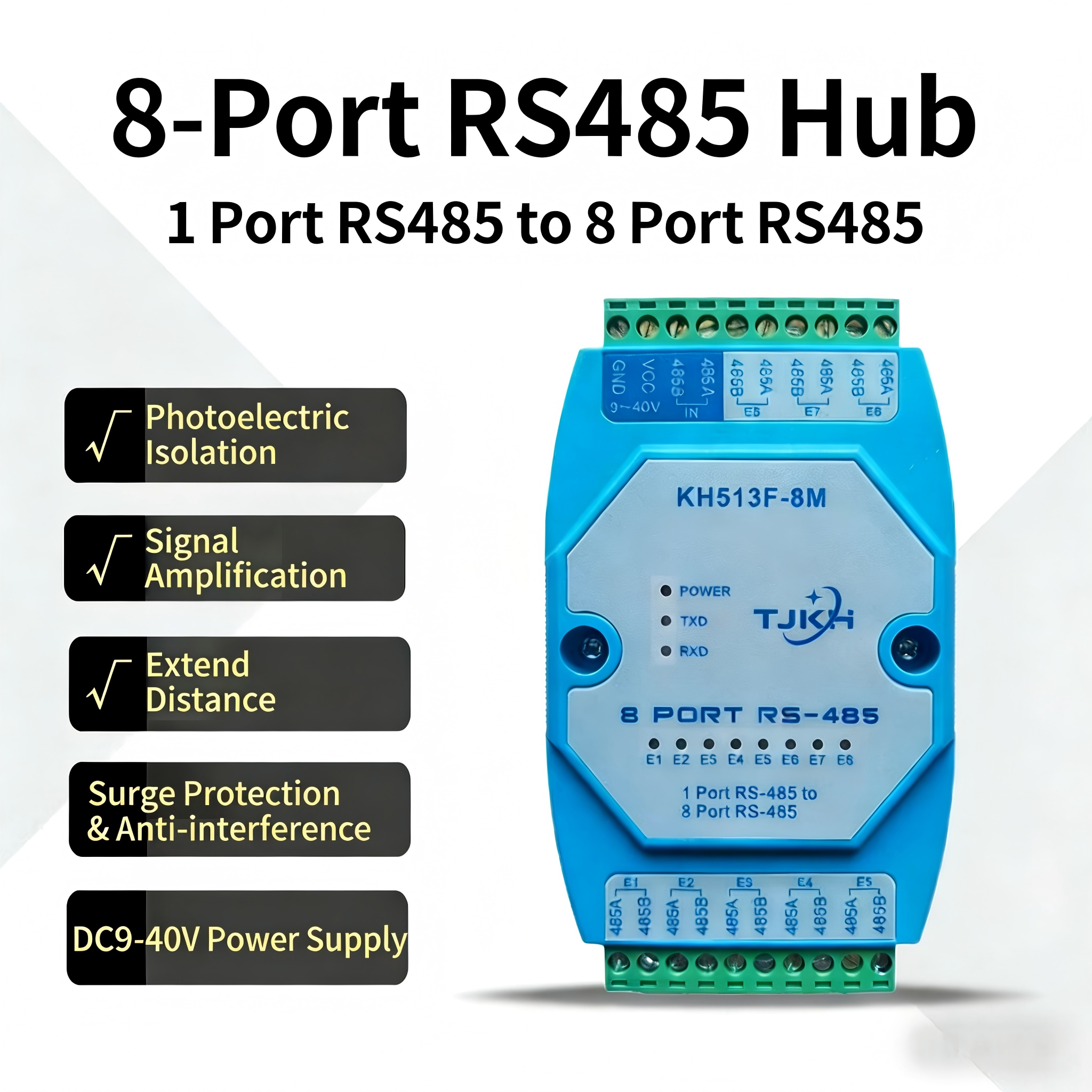 KH513F-8M Industrial 8-Port RS485 Hub Isolated Repeater 1 to 8 RS485 Splitter Signal Amplifier DIN Rail Mount CE FCC RoHS EAC Certified-image-1098859659
