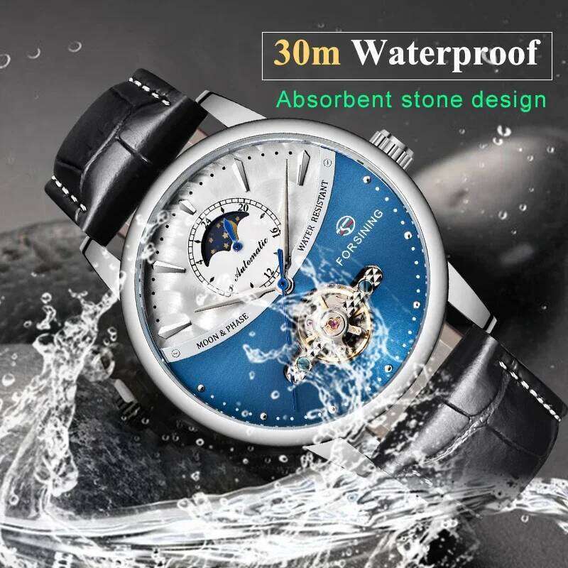 Forsining Luxury Brand Mechanical Classic Blue Moon Phase Fully Automatic Tourbillon Men's Black Leather Strap Watch