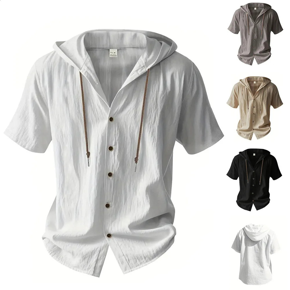 Cotton Linen Shirt for Men Hooded Short Sleeve Solid Color Breathable Lightweight Drawstring Shirts Casual Basic Tees 260323BJ