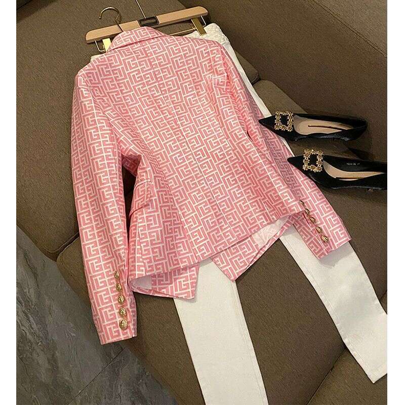 Jackets High Quality Pink Geometric Print Blazer With Gold Button Cuffs And Notched Lapel Slim Fit Casual Workwear Outfit For Women