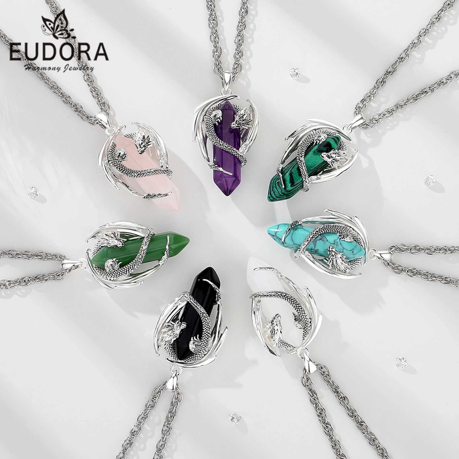 Eudora Dragon Twining Hexagonal Natural Obsidian Prismatic Necklace Punk Turquoise Amethyst Jade Pendant Malachite Jewelry Gift H260324