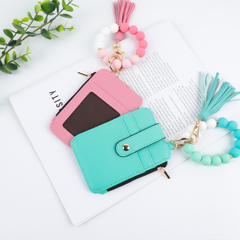 Fashion Women Silicone Beaded Bracelet Wristlet Holder Wallet - PU Leather Mini Coin Purse with Tassel, Candy Color Keychain Card Bag for Ladies