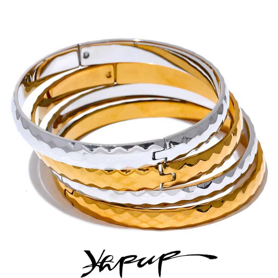 Yhpup 60mm 316l Stainless Steel Round Texture Bangle Gold Silver Color Metal Waterproof Wrist Jewelry Bijoux Gift H260323