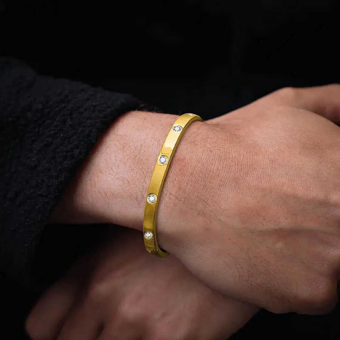 Stylish Mens Bangle Waterproof StainlESS Steel AAA Cubic Zirconia Stone Oval BangleAnniversary BirtHDay Gift for Him H260323-image-1098792579