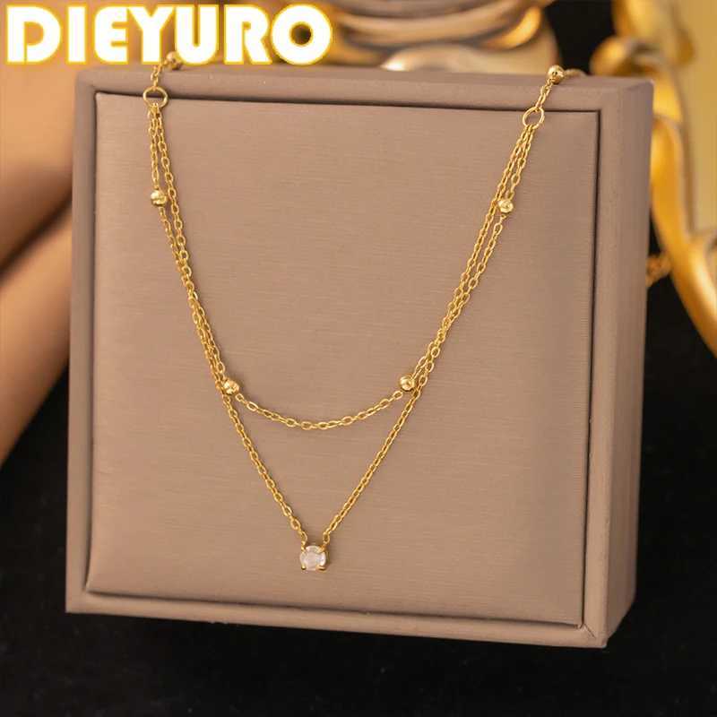 DIEYURO 316L en acier inoxydable léger charme de luxe blanc rond Zircon pendentif Double couche collier dame classique cou chaîne bijoux H260324