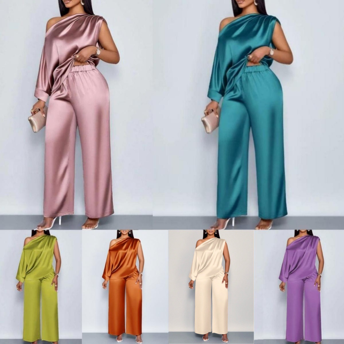 25 Summer Casual Womens Satin Suit with Asymmetrical Collar Short Sleeve Top and Long Pants Set