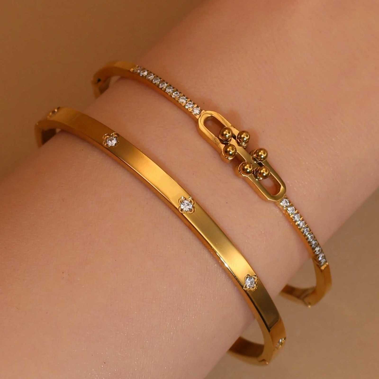 New Geometric Crystal Design 18 K Gold Plated Stainless Steel Womens Jewelry Bangle Party Gift H260323-image-1098792196
