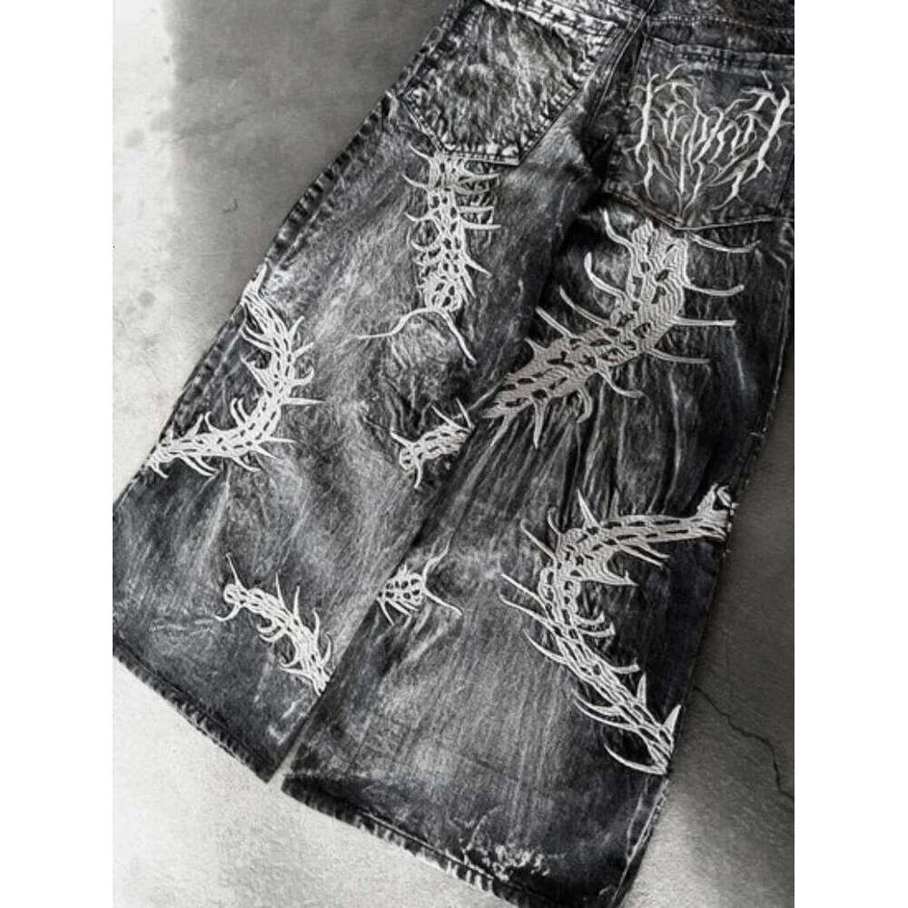 Men Jeans Y2k New Retro Centipede Embroidery trousers Pattern Washed Oversized Wide Leg Street Gothic Harajuku Floor Pants For Men And Women Denim P