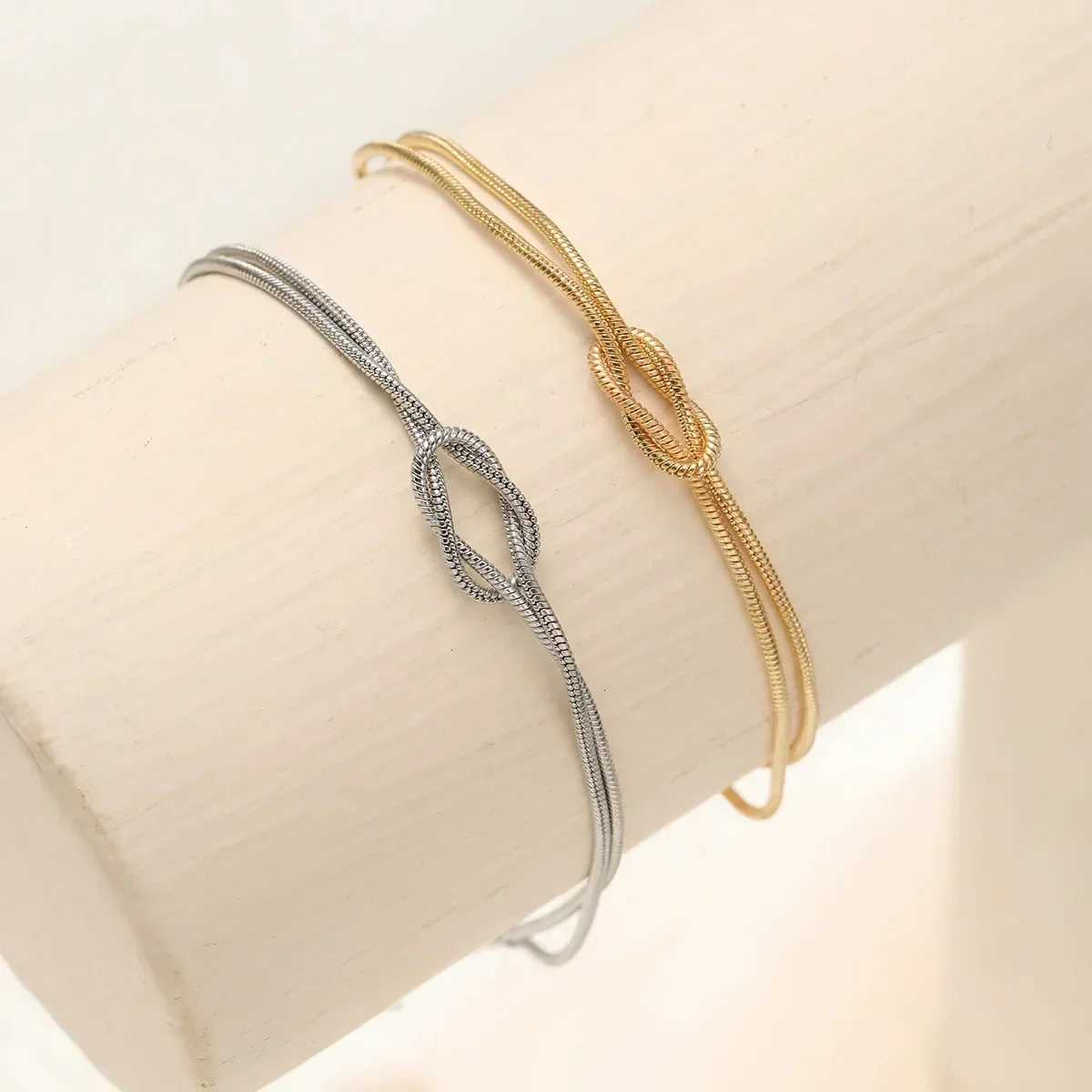LATS Simple Metal Handmade Knot Couple Bracelet for Women Men Gold Silver Color Valentines Day Fashion Jewelry Gifts W260324-image-1098911649