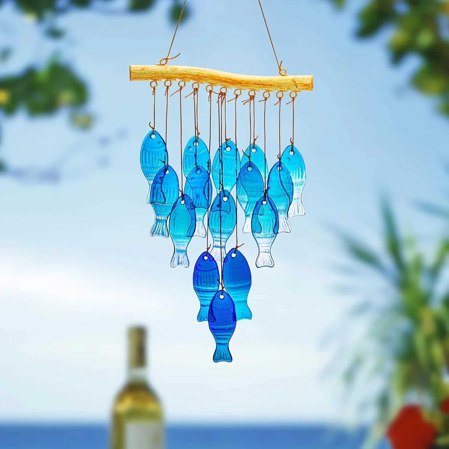 Handmade Blue Sea Glass Fish-Shaped Wind Chimes - Contemporary Outdoor Garden Decor Home Hanging Birthdays gif H260323 M260328-image-1099406953
