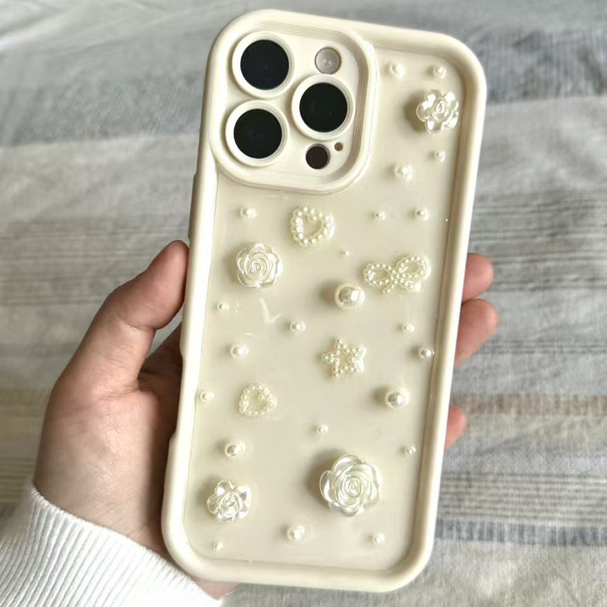 3D Flower Phone Case For Iphone 17 16 15 14 13 Pro 12 11 Max Plus 16Pro Pearl Decoration 17Promax Phone Case 16Promax Handmade 17Pro Unique 14Pro