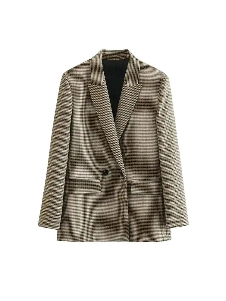 Women Fashion Double Breasted Plaid Blazer Coat Vintage Long Sleeve Flap Pockets Female Outerwear Chic Vestes Femme 260917