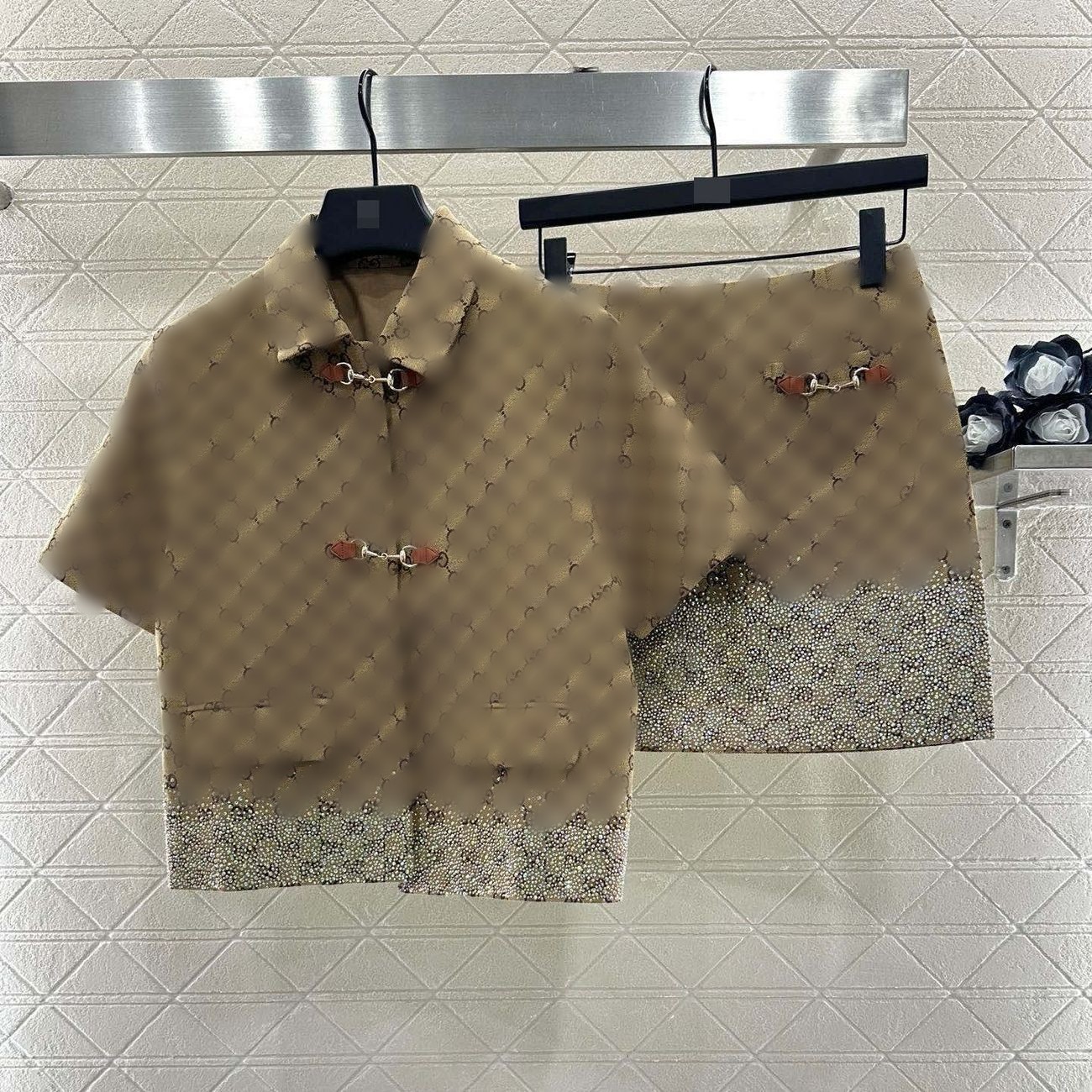 Women's new designer logo letter jacquard rhinestone short sleeve turn down collar tops cardigan and with belt shorts twinset 2 pc pants suit S