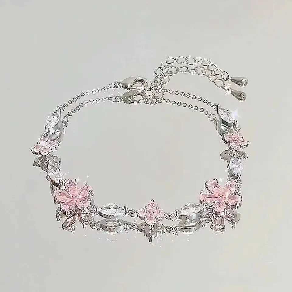 Shiny Pink Crystal Cherry Blossom Bracelets For Women Girls Sweet Moon Bow Flowers Zircon Bracelet Party Aesthetic Egirl Jewelry W260324-image-1098912059