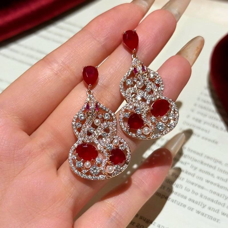 Elegant New Chinese-Style Diamond Studded Hollow Snakeskin Pendant Earrings For Women-image-1098806476