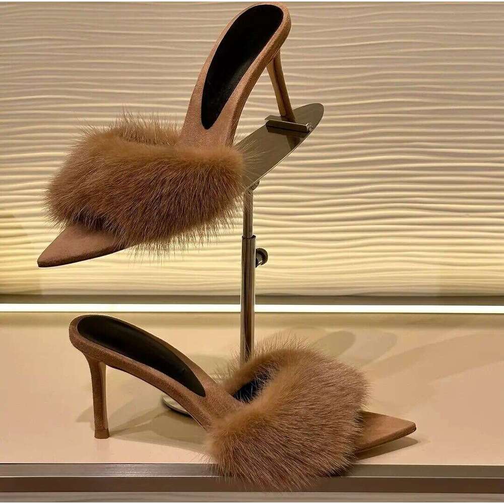 In Stock Available For Dropshipping Women S High Heeled Mink Fur Pointed Toe Stiletto Slippers Furry Slide Sandals