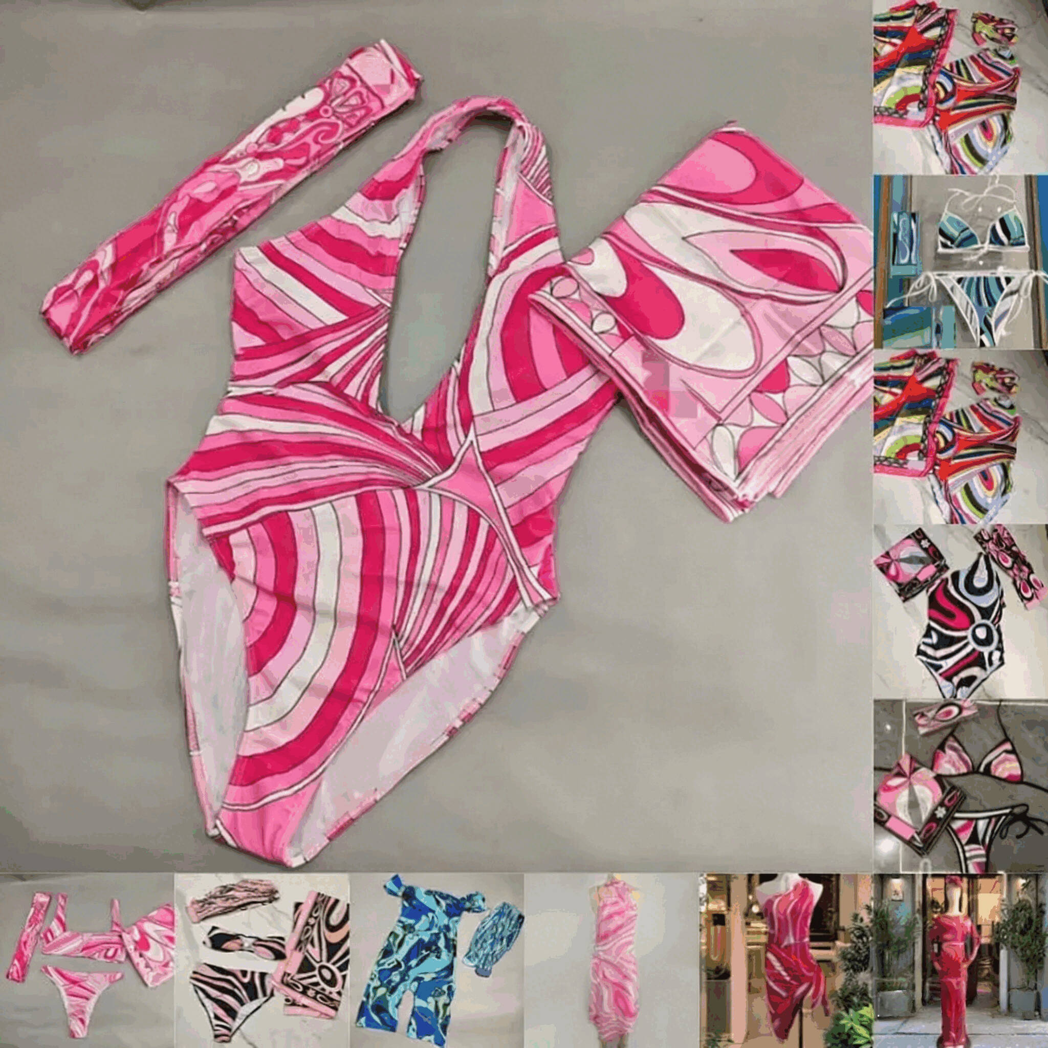 Women Colorful Bikini Swimwear, One Piece Swimsuit with Headband Sarong Designer ,Sexy Hollow Scarf Skirt ,V Neck Beachwear Beach Holiday Bathing Su