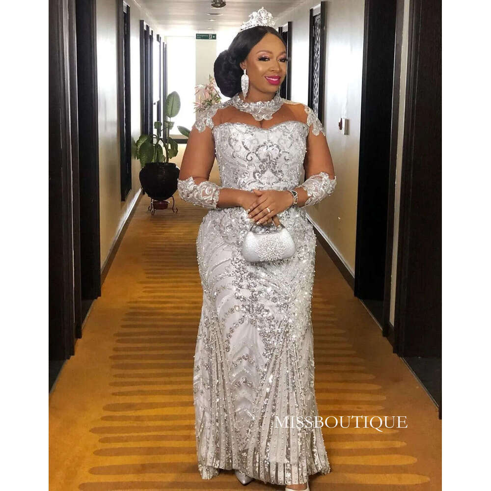 2026 Arabic Aso Ebi Silver Lace Beaded Prom Evening Dresses Sheer Neck Plus Size Mermaid Formal Party Seond Reception Gowns F13 B0324