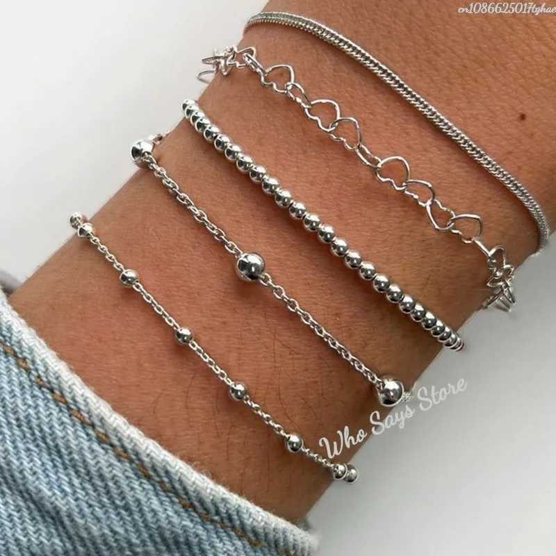 5pcsSet Silver Color Chain Bead Bracelets for Women Simple Elegant Vacation Beach Party Casual Jewelry Versatile Daily Wear W260324-image-1098911780