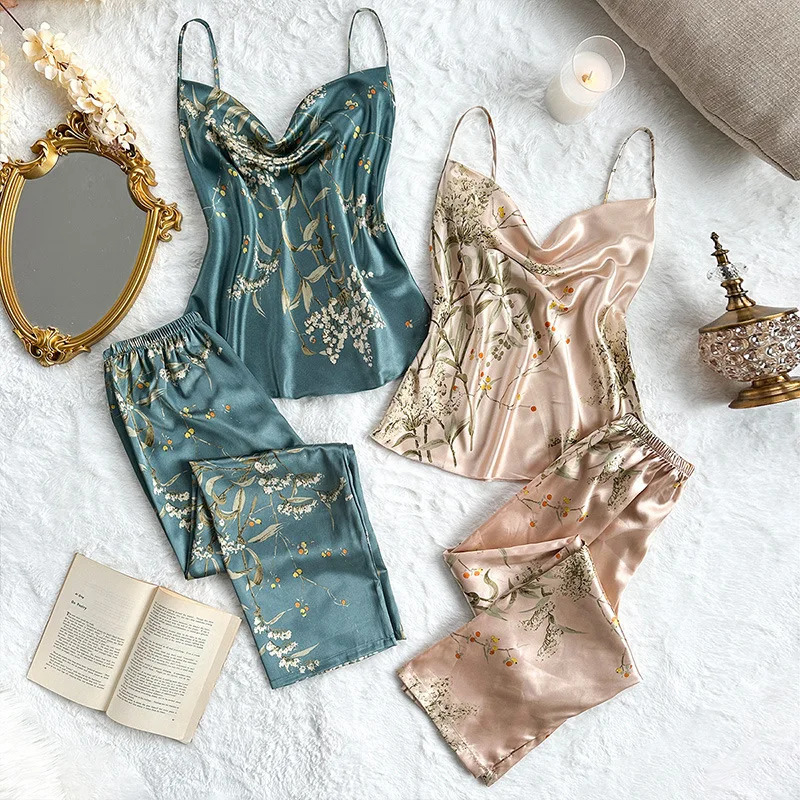 2Pcs Summer Sexy Fashion Womens Pajamas Top Women Printed Backless Slip Dress Imitation Silk Loungewear Simple Sleepwear 260324