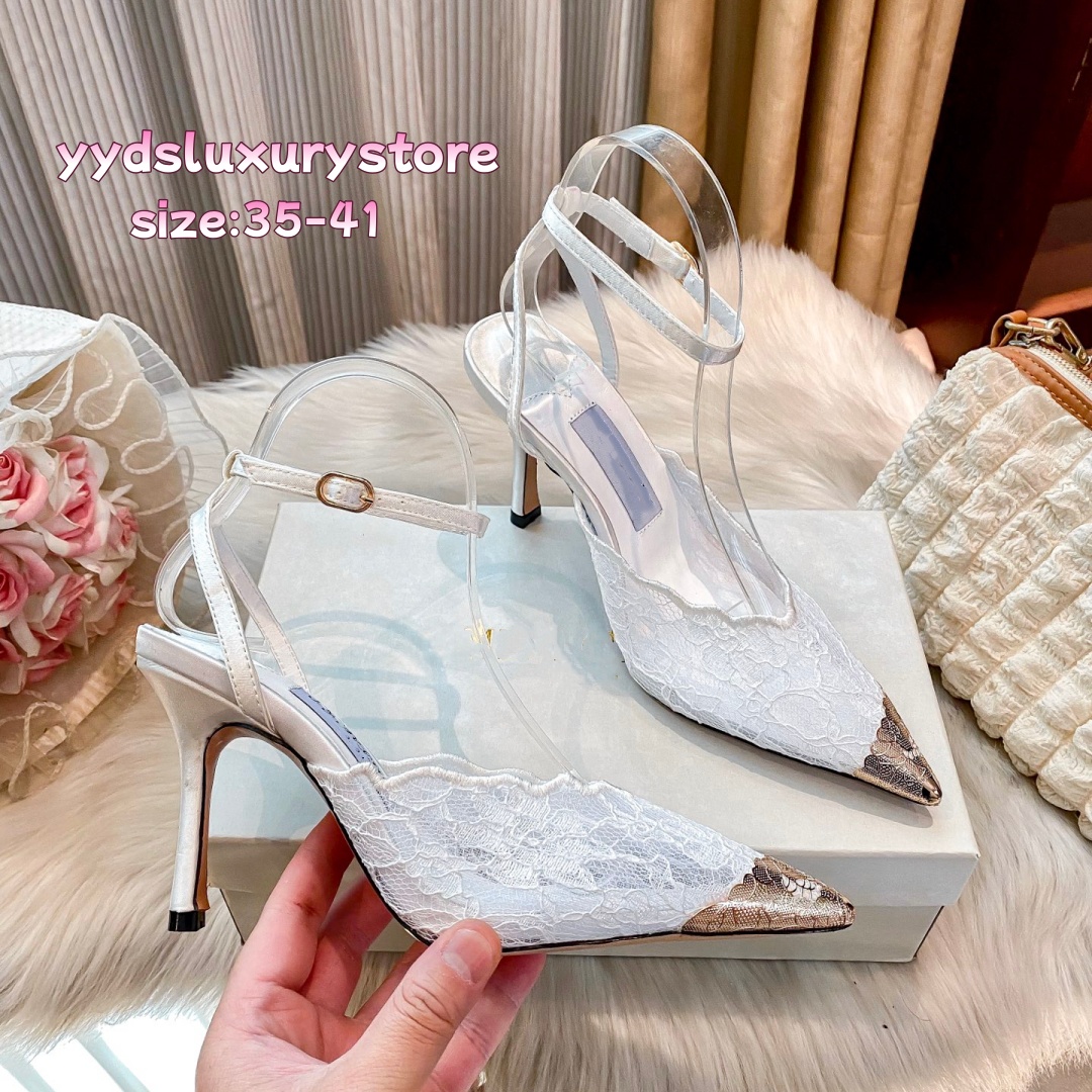 2026 Designer Heels Damen Spitze Spitzschuh 9 cm High Heel Sandalen Elegante Satin Knöchelriemen Stiletto Heels für Hochzeit Party Größe 35-41