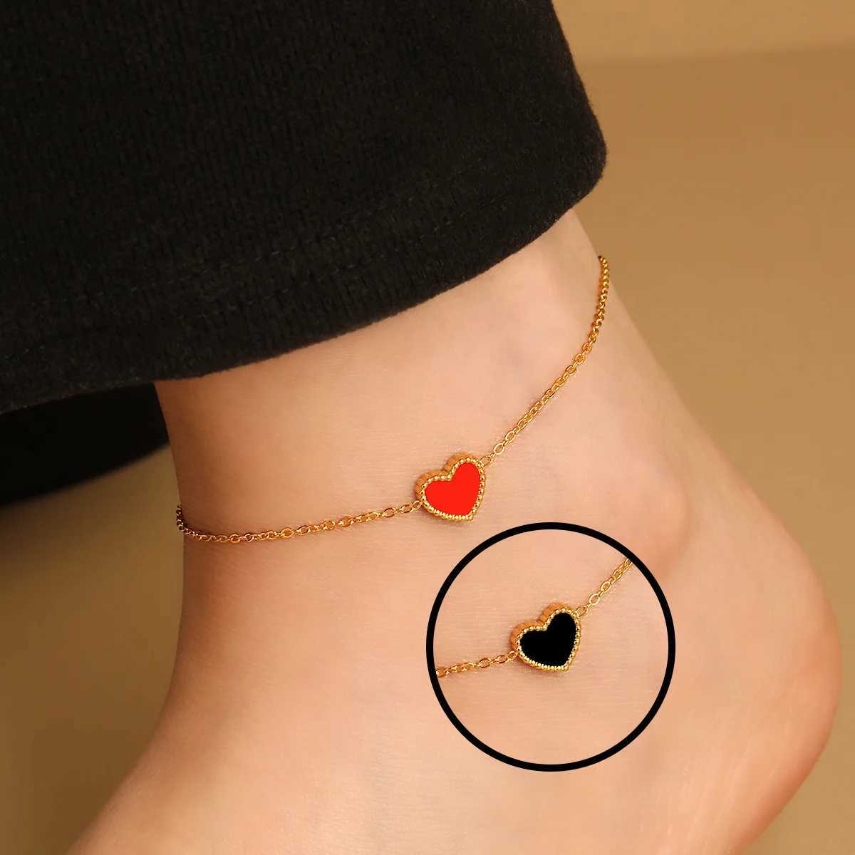 Pendentif coeur rouge noir étanche, couleur double face, acier inoxydable plaqué PVD, bijoux de cheville à la mode pour dames H260325