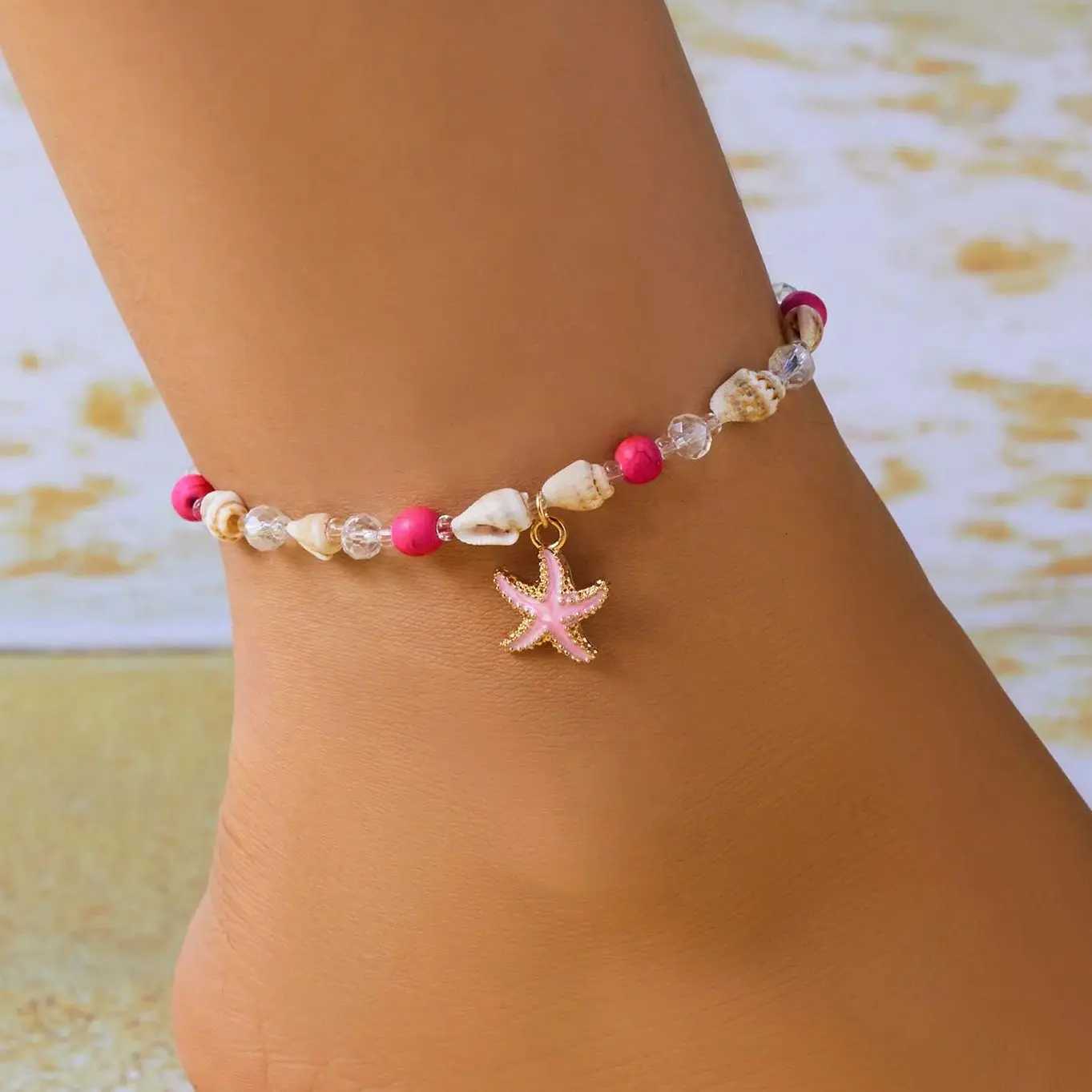 Bohemian Beach Pink Metal Shell Anklet for Women Trendy Handmade Starfish Conch Rice Bead On The Leg Summer Jewelry H260325-image-1099067768