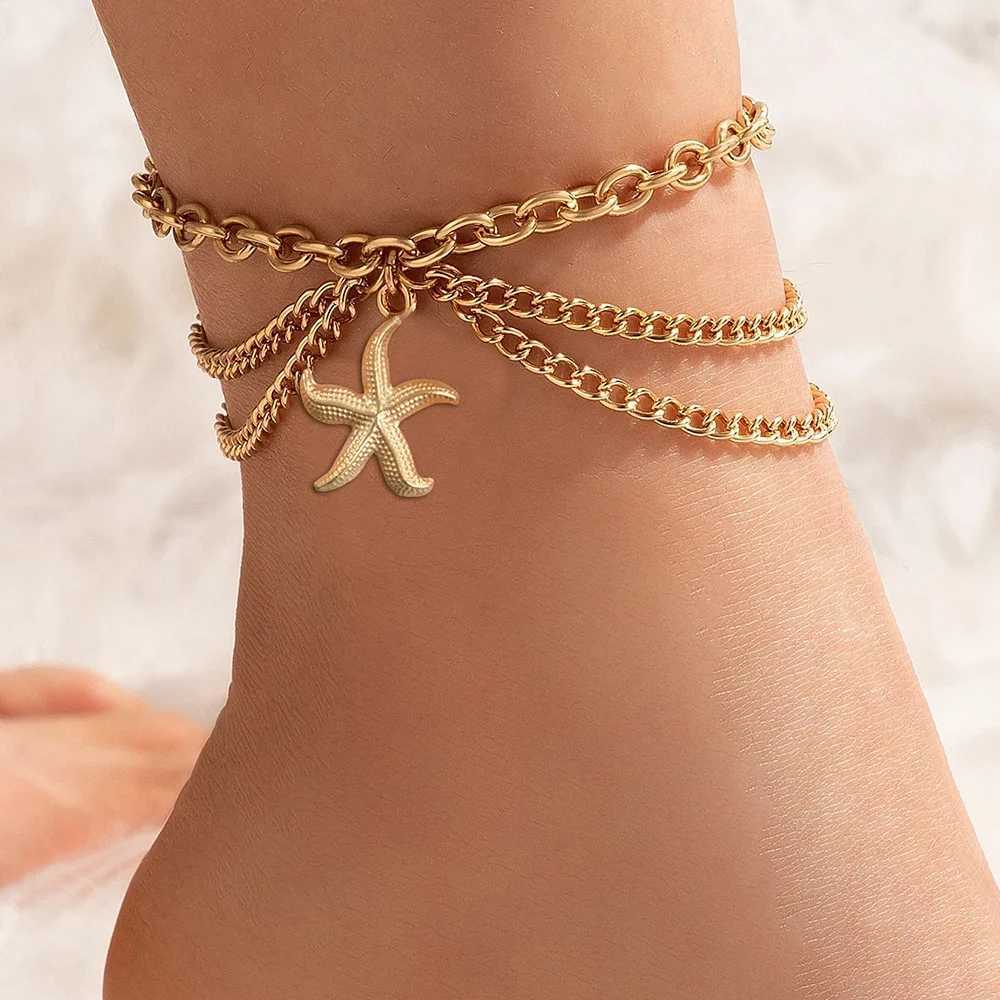 Stainless steel gold ankle chain retro style beach shell starfish double-layer stacked ankle chain womens jewelry gift H260325-image-1099067997