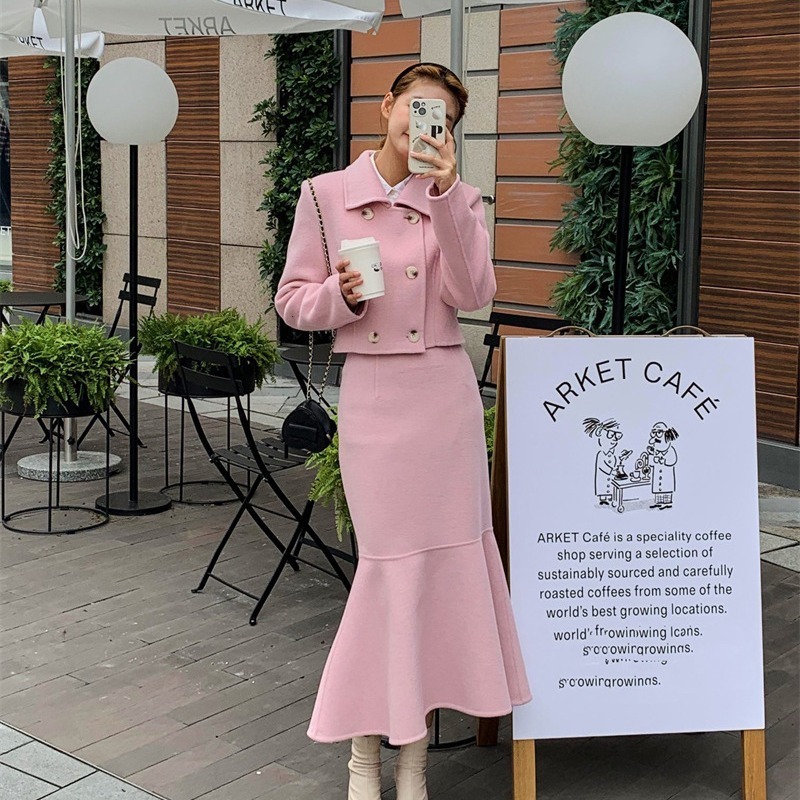 Elegant Pink woolen Coat Skirt Suit Women Fashion Solid Single Breasted Top High Waist Tassel Patchwork Skirts Set Lady Chic Casual Set 251205