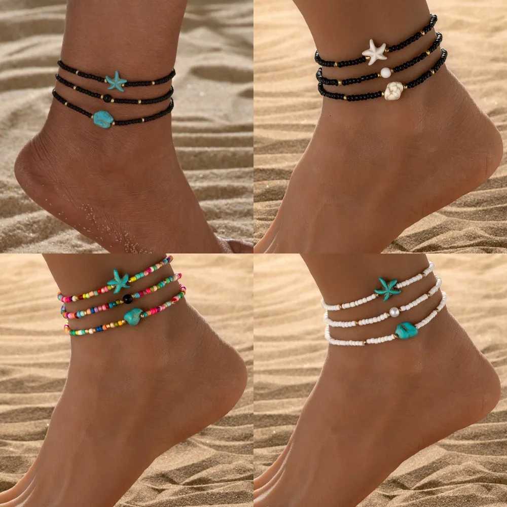3pcs Set Bohemian Fashion Irregular Turquoise Starfish Rice Bead Elastic Anklets for Women Summer Beach Party Jewelry Sets Gift H260325-image-1099068079